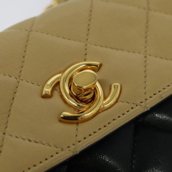 CHANEL Matelasse Chain Shoulder Bag Lamb Skin Beige Gold black CC Auth PP908 - Picture 10 of 16
